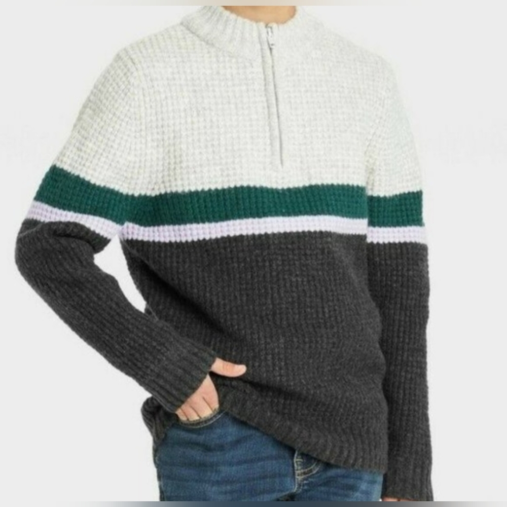 Cat & Jack | Boy's Knit Mock Neck Zip Pullover Sweater | Gray Color Block